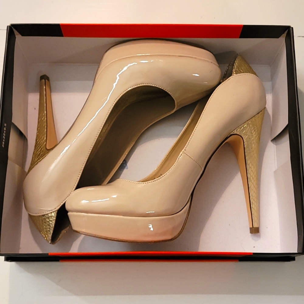 Womens G by Guess Beige Heels with Gold Accents